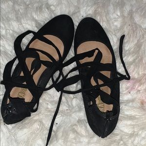 black suede strap up flats